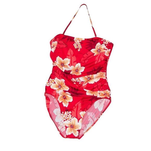 VINTAGE JANTZEN Halter Removable Strap Red Floral One Piece Bathing Suit Size 16 - Picture 1 of 8